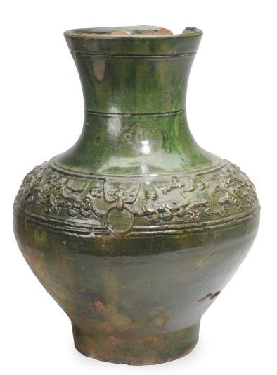 A CHINESE GREEN-GLAZED POTTERY STORAGE JAR, HU,