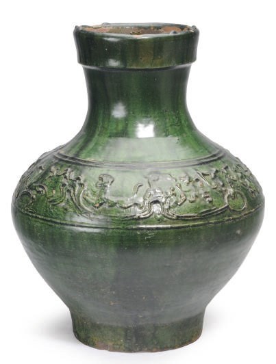 A CHINESE GREEN-GLAZED POTTERY STORAGE JAR, HU,