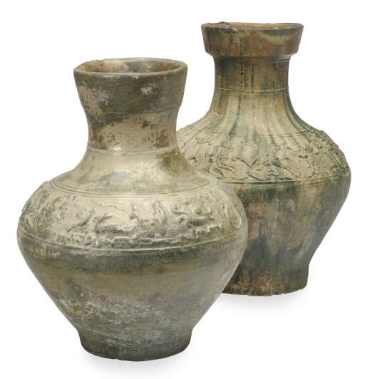 TWO CHINESE GREEN-GLAZED POTTERY JARS, HU,