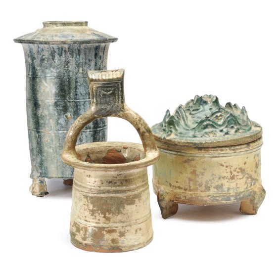 A CHINESE GREEN-GLAZED POTTERY LIEN AND COVER, A MODEL OF A GRANARY, AND A MODEL OF A WELL HEAD,