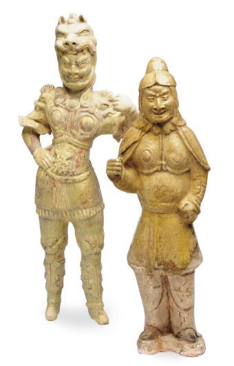 TWO CHINESE PAINTED AND STRAW-GLAZED FIGURES OF SOLDIERS,