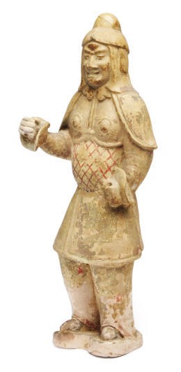 A CHINESE PAINTED AND STRAW-GLAZED POTTERY FIGURE OF A SOLDIER,