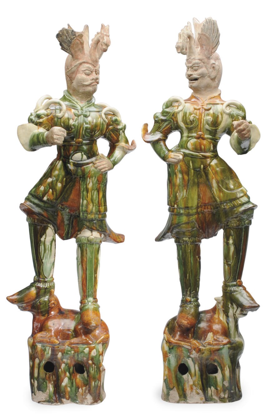 A PAIR OF CHINESE SANCAI-GLAZED POTTERY FIGURES OF TOMB GUARDIANS,