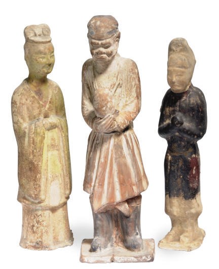 A CHINESE STRAW-GLAZED COURT OFFICIAL AND A BROWN-GLAZED MALE ATTENDANT,