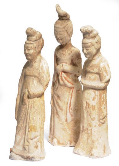 THREE CHINESE PAINTED AND STRAW-GLAZED POTTERY FIGURES OF COURT LADIES,