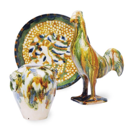 TWO TANG-STYLE SANCAI- GLAZED POTTERY VESSELS AND A FIGURE OF A ROOSTER,