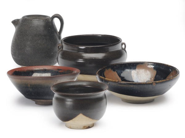 A GROUP OF FIVE CHINESE BROWN-GLAZED VESSELS,
