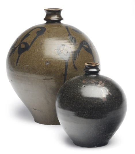 TWO CHINESE PAINTED BROWN-GLAZED OVOID BOTTLES,
