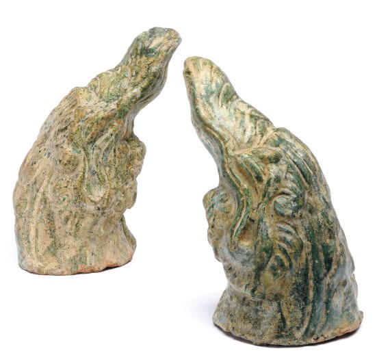 A PAIR OF CHINESE GREEN-GLAZED DRAGON TILEWORKS FINIALS,