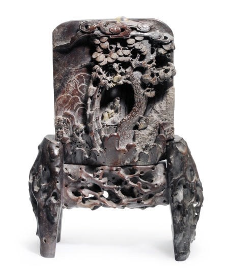 A CHINESE CARVED SOAPSTONE TABLE SCREEN AND STAND,