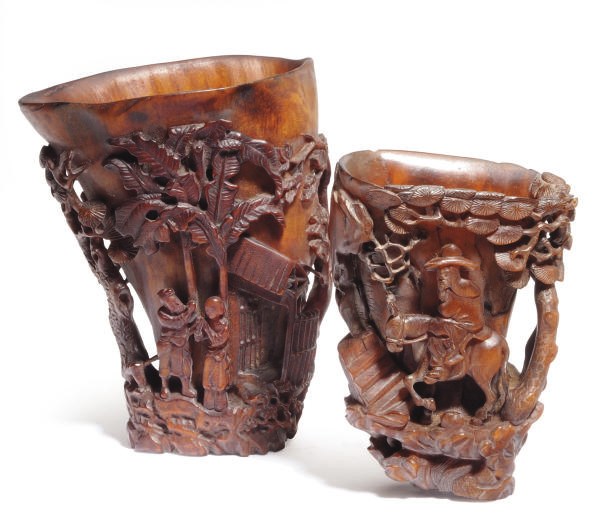TWO CHINESE CARVED BUFFALO HORN LIBATION CUPS,