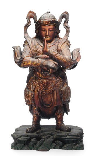 A CHINESE GILT AND LACQUERED WOOD FIGURE OF AN IMMORTAL IN MILITARY ASPECT,