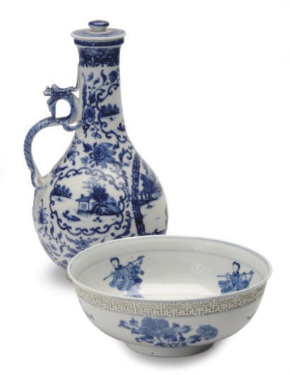 A CHINESE PORCELAIN BLUE AND WHITE BOWL AND A SOFT PASTE PORCELAIN BOTTLE VASE WITH DRAGON-FORM HANDLE AND A COVER,