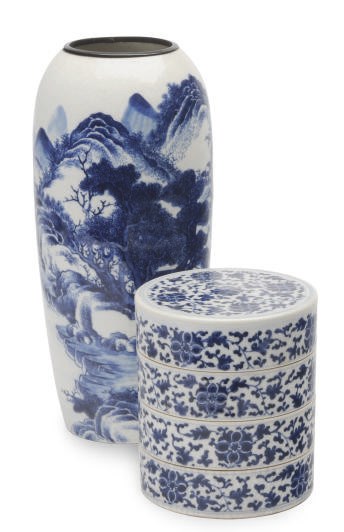 A CHINESE SOFT-PASTE BLUE AND WHITE PORCELAIN OVOID VASE AND A PORCELAIN THREE-TIERED STACKING BOX AND COVER,