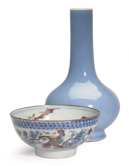 A CHINESE PORCELAIN LAVENDER-BLUE BOTTLE VASE AND A LATER CLOBBERED BLUE AND WHITE BOWL,