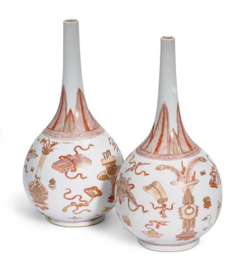 A PAIR OF CHINESE PORCELAIN IRON-RED AND GILT DECORATED PEAR-SHAPED VASES,