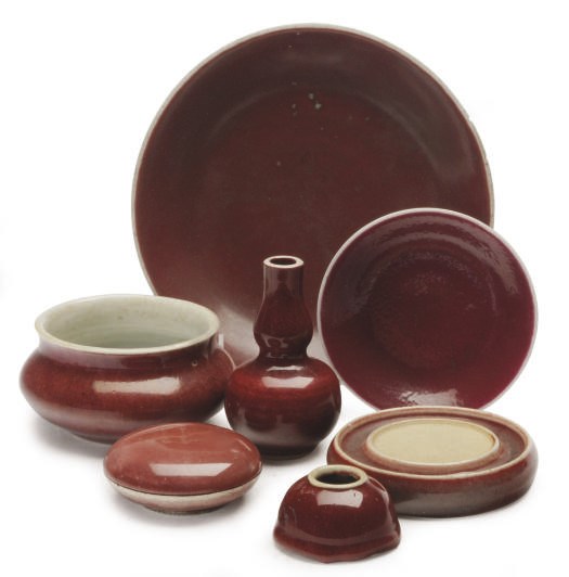 A GROUP OF SIX CHINESE PORCELAIN COPPER RED-GLAZED TABLEWARES,