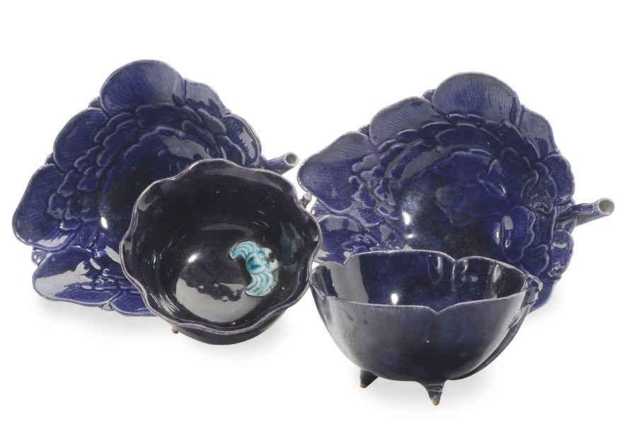 A GROUP OF FOUR CHINESE PORCELAIN AUBERGINE-GLAZED VESSELS,