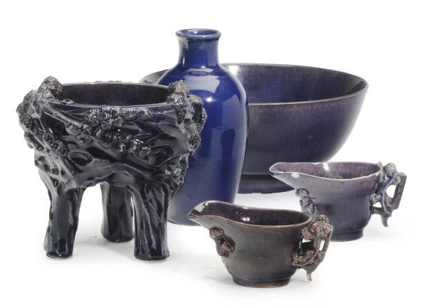 A GROUP OF CHINESE AUBERGINE-GLAZED PORCELAIN VESSELS,