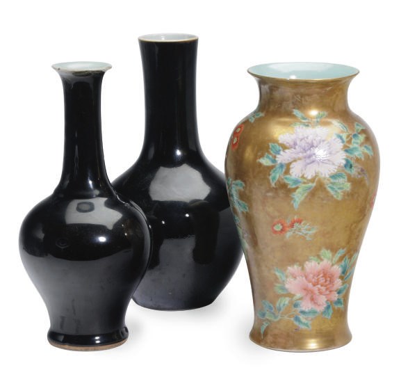 TWO CHINESE PORCELAIN BLACKISH-BROWN-GLAZED BOTTLE VASES,