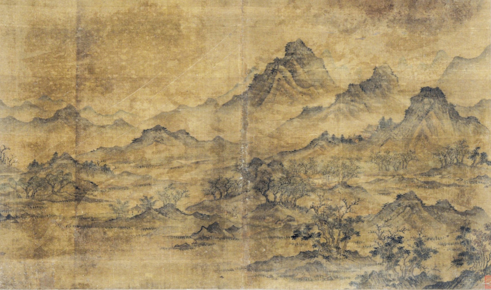 A CHINESE UNBOUND ALBUM OF TEN  LANDSCAPE PAINTINGS IN THE STYLE OF TANG AND SONG MASTERS WITH A COLOPHON ON TWO LEAVES,
