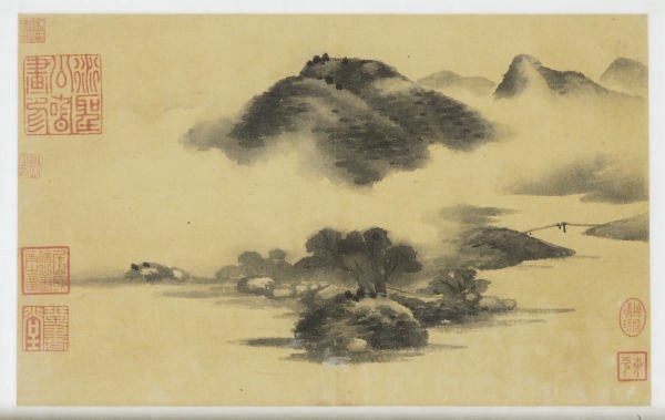 A CHINESE SCROLL PAINTING OF A MOUNTAINOUS LANDSCAPE,