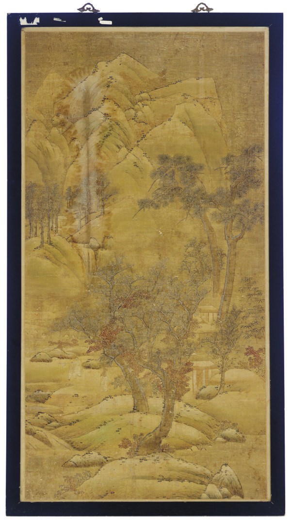 A CHINESE SCROLL PAINTING OF A MOUNTAIN LANDSCAPE WITH TREES AND DWELLING,