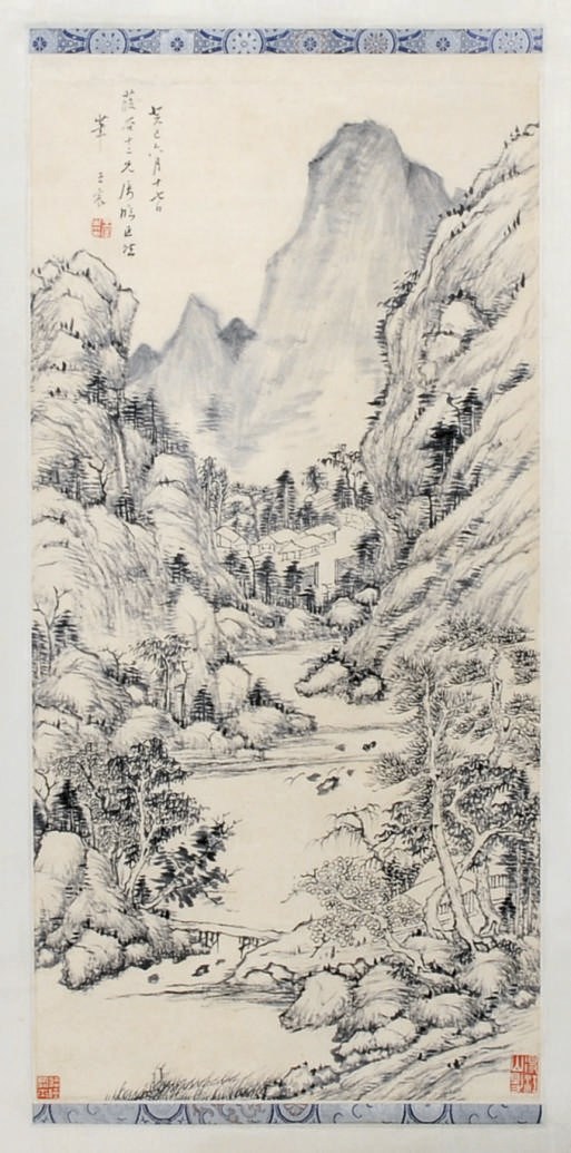 A CHINESE HANGING SCROLL PAINTING OF A LANDSCAPE: 'MOUNTAIN RETREAT AT RIVER'S EDGE',