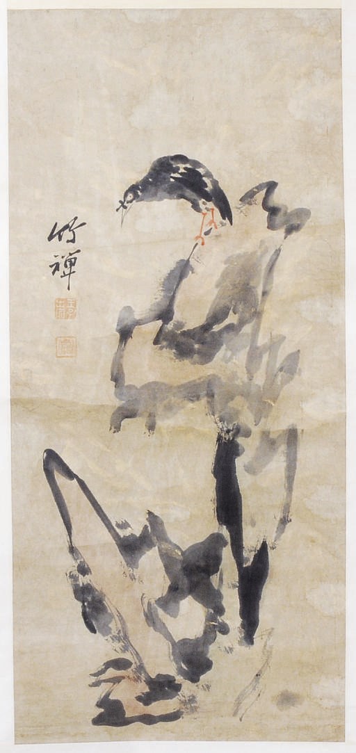 A CHINESE HANGING SCROLL PAINTING OF A CROW ON A ROCK,
