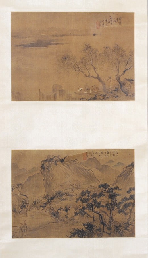 TWO CHINESE LANDSCAPE PAINTINGS MOUNTED ON A SCROLL,