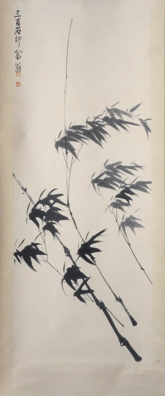 A CHINESE WATERCOLOR PAINTING OF BAMBOO IN THE WIND,