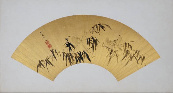 A CHINESE FANLEAF PAINTED WITH BIRDS AND BAMBOO,
