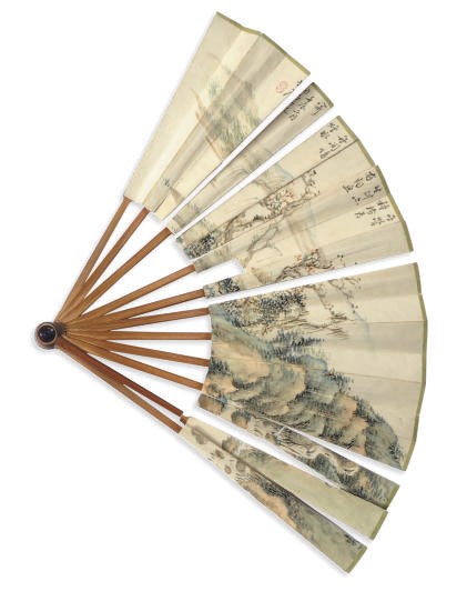 A CHINESE FAN PAINTING OF FISHING BOAT ON A RIVER WITH A CARVED BAMBOO HANDLE,