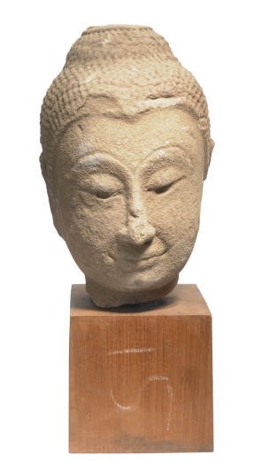 A THAI SANDSTONE HEAD OF BUDDHA,