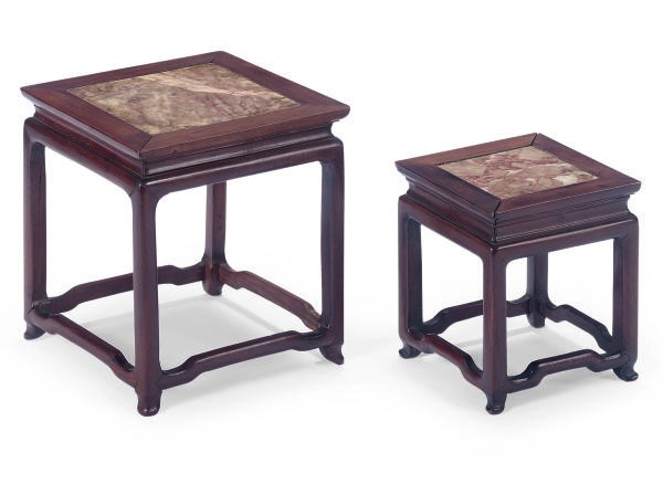 TWO CHINESE MARBLE INSET HONGMU STANDS,