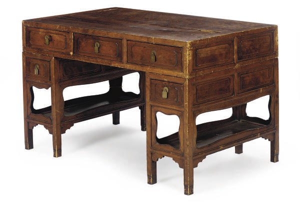 A CHINESE SOFTWOOD PEDESTAL DESK,