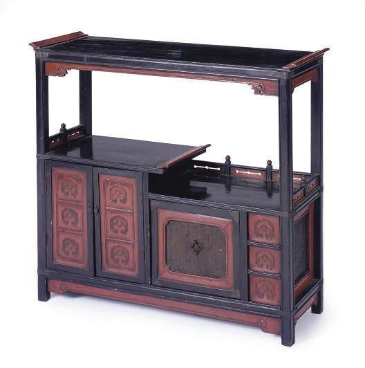 A KOREAN BLACK AND SCARLET LACQUERED BOOKSHELF,