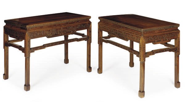 A PAIR OF CHINESE HARDWOOD WAISTED CORNER LEG TABLES