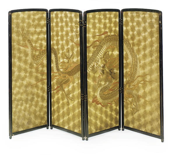 AN ASIAN GOLD-THREAD APPLIQUE FOUR-PANEL SCREEN,
