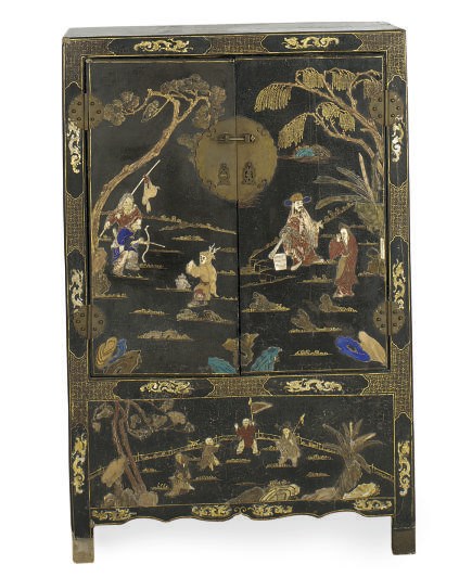 A CHINESE INLAID LACQUERED AND PAINTED SQUARE CORNER CABINET,