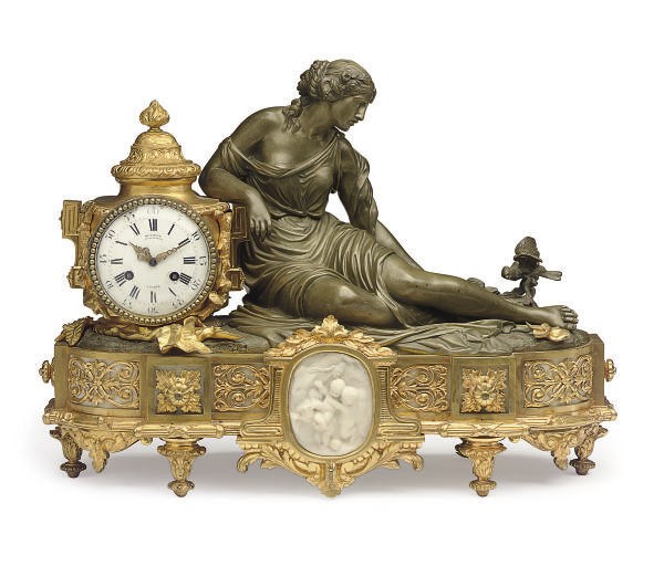 A FRENCH ORMOLU, PATINATED BRONZE AND MARBLE FIGURAL MANTELCLOCK,