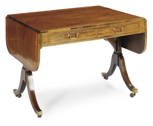 A LATE GEORGE III MAHOGANY, ROSEWOOD AND SATINWOOD BANDED SOFA TABLE**,