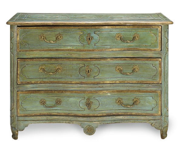 A FRENCH PROVINCIAL GREEN-PAINTED AND PARCEL-GILT COMMODE,