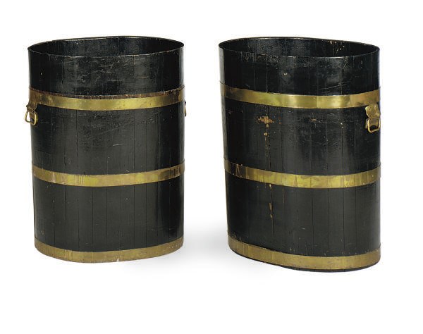 A PAIR OF BRASS BOUND WOODEN BARRELS,