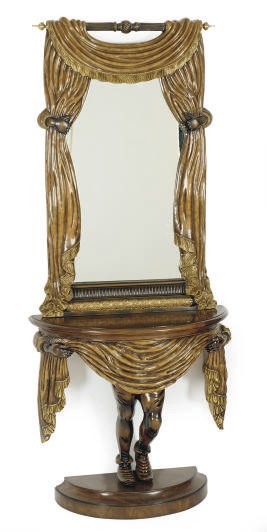 A PAINTED AND PARCEL-GILT FIGURAL CONSOLE AND MIRROR,