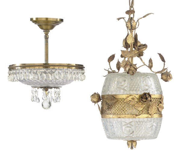 A GILT-METAL AND CUT-GLASS HANGING LANTERN,