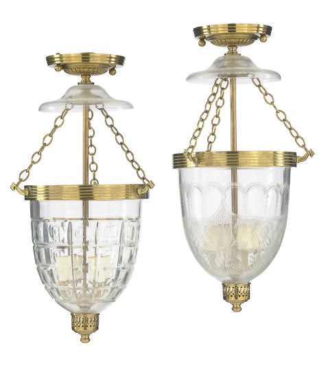 TWO GILT-METAL MOUNTED CUT-GLASS HANGING LANTERNS,