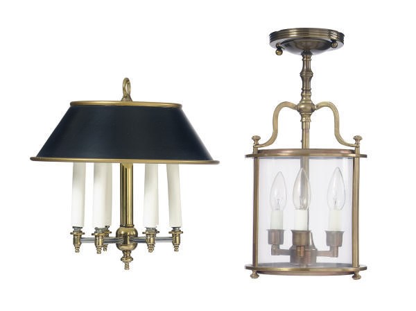 A PATINATED METAL HANGING LANTERN,
