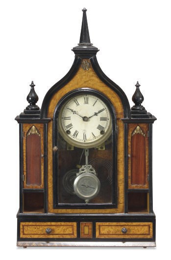 A VICTORIAN BURL ELM, PART-EBONIZED AND MARQUETRY DESK CLOCK,