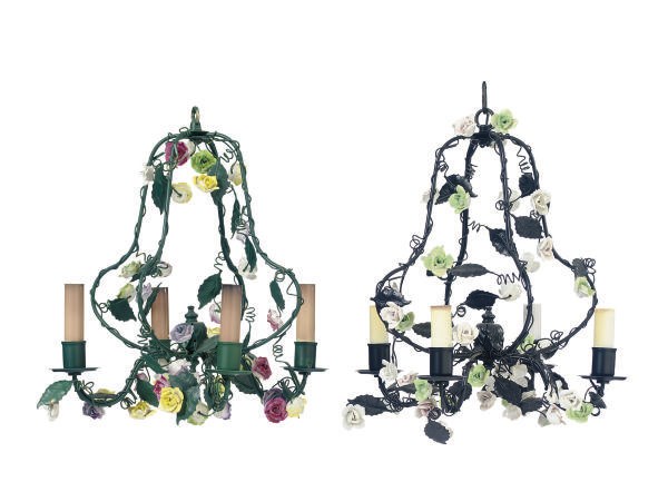 THREE ENAMELED METAL AND PORCELAIN CHANDELIERS,